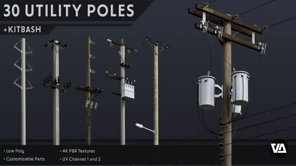 30 Low Poly Utility Poles + Kitbash